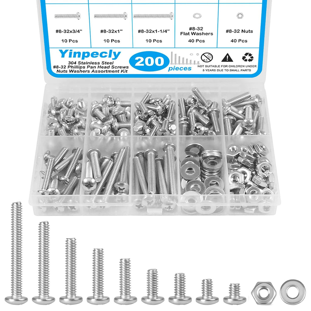 200pcs #8-32 Phillips Pan Head Machine Screws Nuts Washers Kit