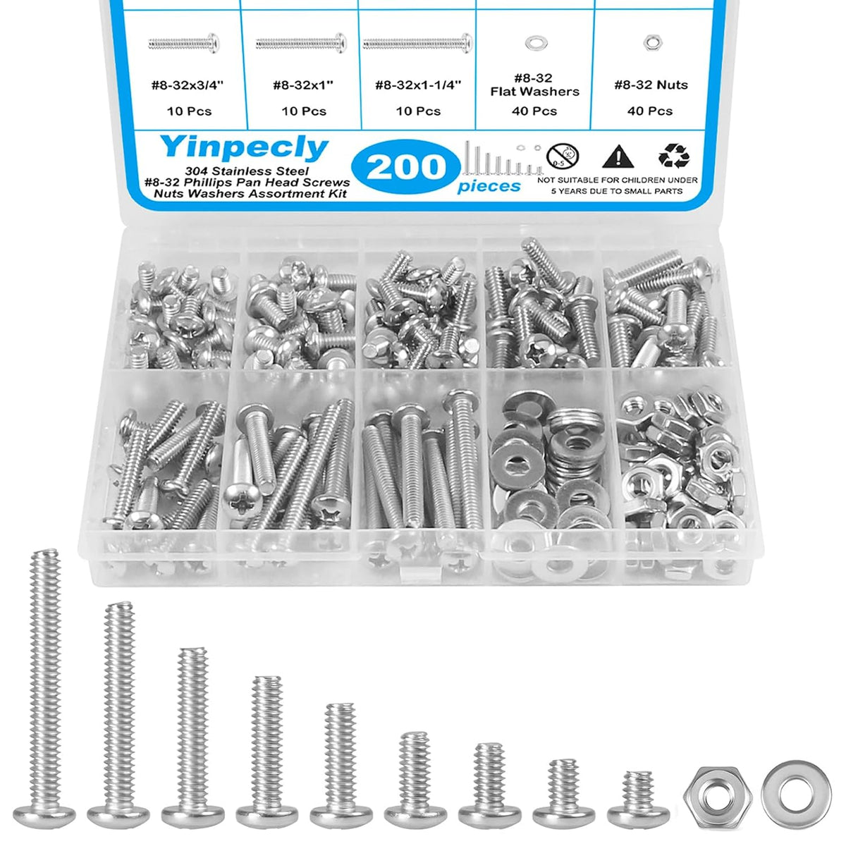 200pcs #8-32 Phillips Pan Head Machine Screws Nuts Washers Kit