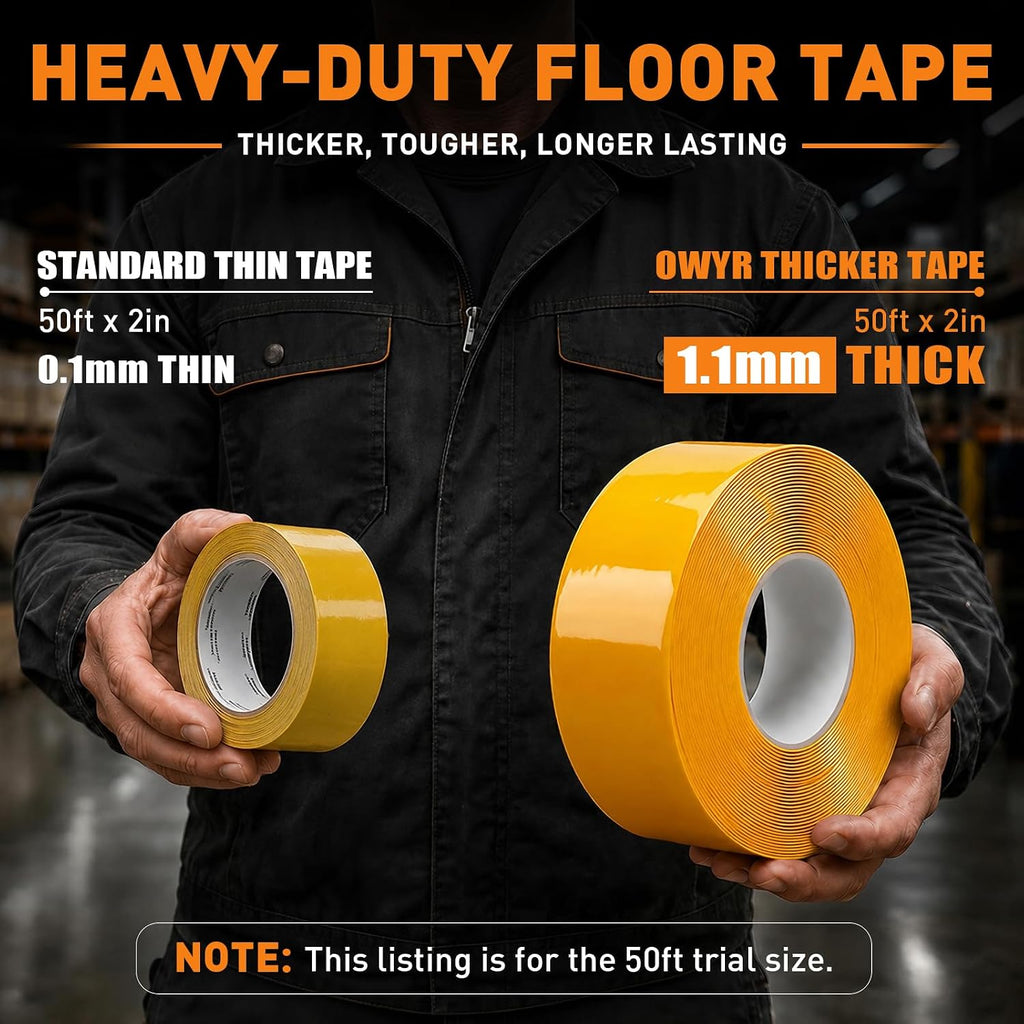 Floor Marking Tape, 1.1mm Extra Thick, Yellow, 2 Inch x 50FT