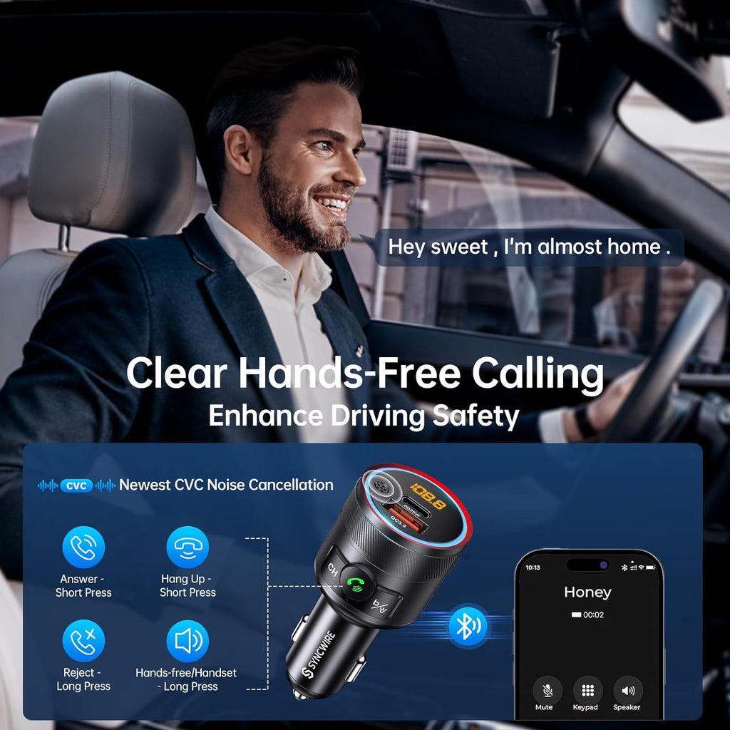Bluetooth 5.4 FM Transmitter for Car, 38W PD&QC3.0 Dual USB Charging Bluetooth Car Adapter Microphone & Bass Sound