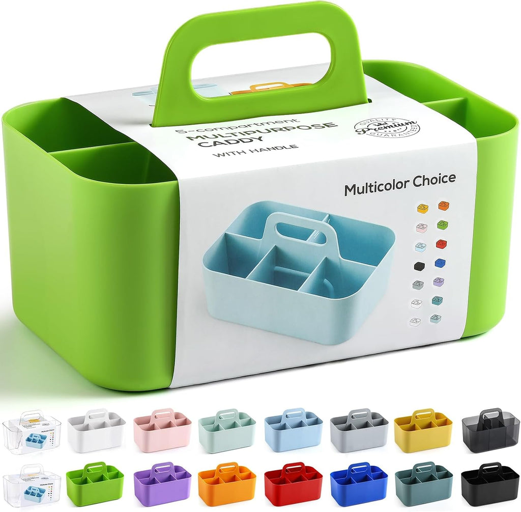 Multiuse Caddy Organizer with Handle, Portable Divided Plastic Tote Bin - Art Craft, Stationary Pen Marker Crayons