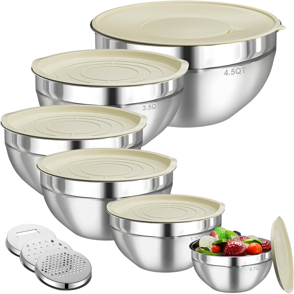 Mixing Bowls with Lids Set, 6 PCS Stainless Steel Mixing Bowls with 3 Grater Attachments, Kitchen Food Storage