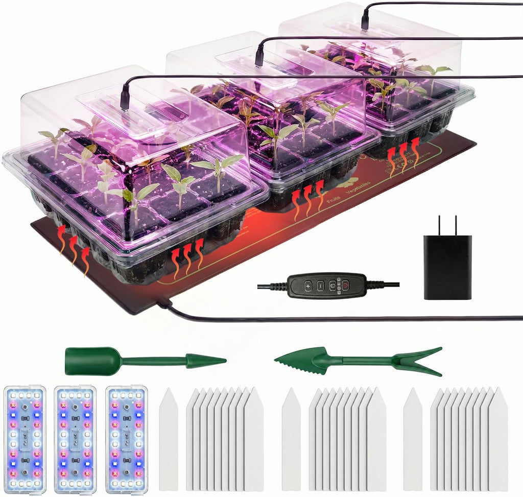 Seed Starter Tray 3 Pack with Heating Mat & 24 Full Spectrum LEDs Grow Light – Auto cycle Timer, Humidity Dome