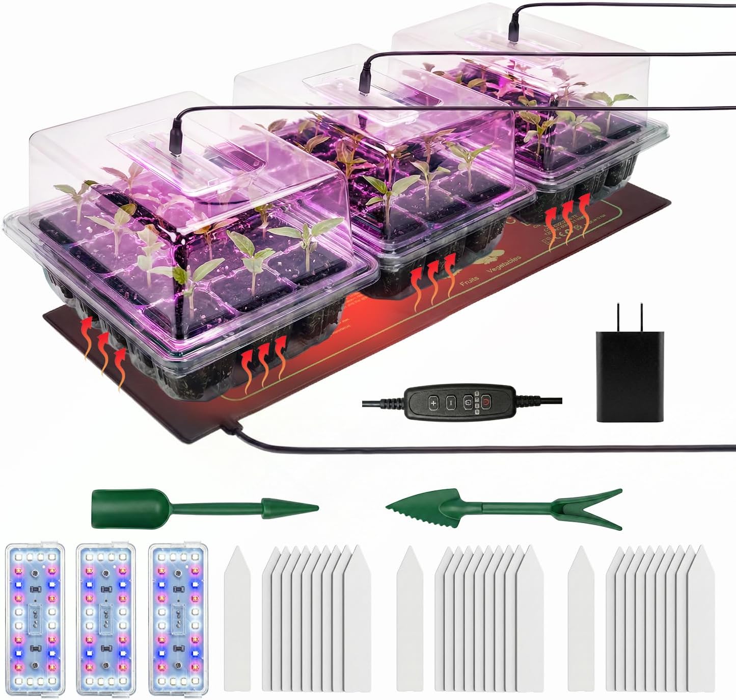 Seed Starter Tray 3 Pack with Heating Mat & 24 Full Spectrum LEDs Grow Light – Auto cycle Timer, Humidity Dome