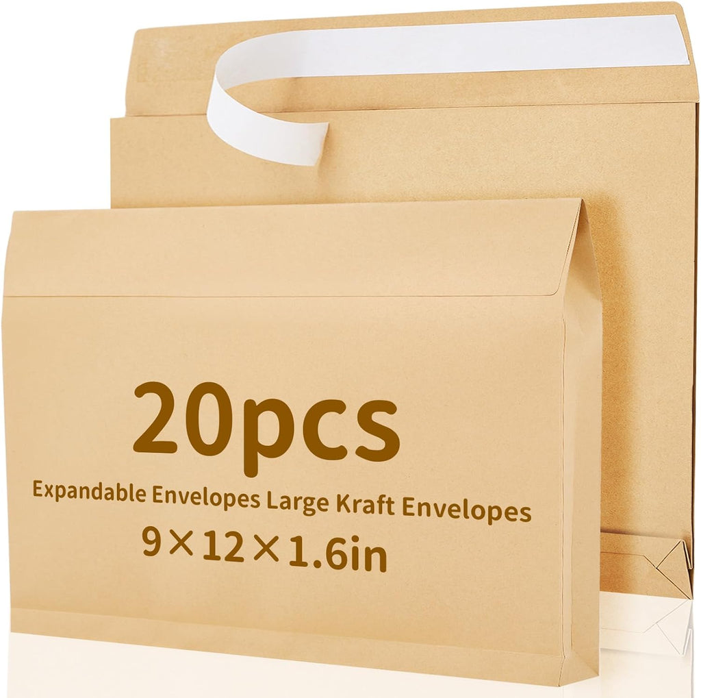 20 Pcs 9 x 12 x 1.6 Inch Large Expandable Catalog Envelopes Manilla Kraft Peel and Seal Envelopes Light Large Mailing