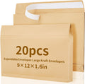 20 Pcs 9 x 12 x 1.6 Inch Large Expandable Catalog Envelopes Manilla Kraft Peel and Seal Envelopes Light Large Mailing
