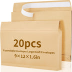 20 Pcs 9 x 12 x 1.6 Inch Large Expandable Catalog Envelopes Manilla Kraft Peel and Seal Envelopes Light Large Mailing