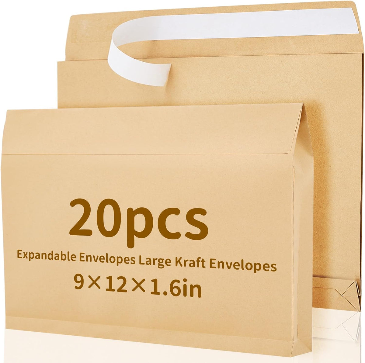 20 Pcs 9 x 12 x 1.6 Inch Large Expandable Catalog Envelopes Manilla Kraft Peel and Seal Envelopes Light Large Mailing