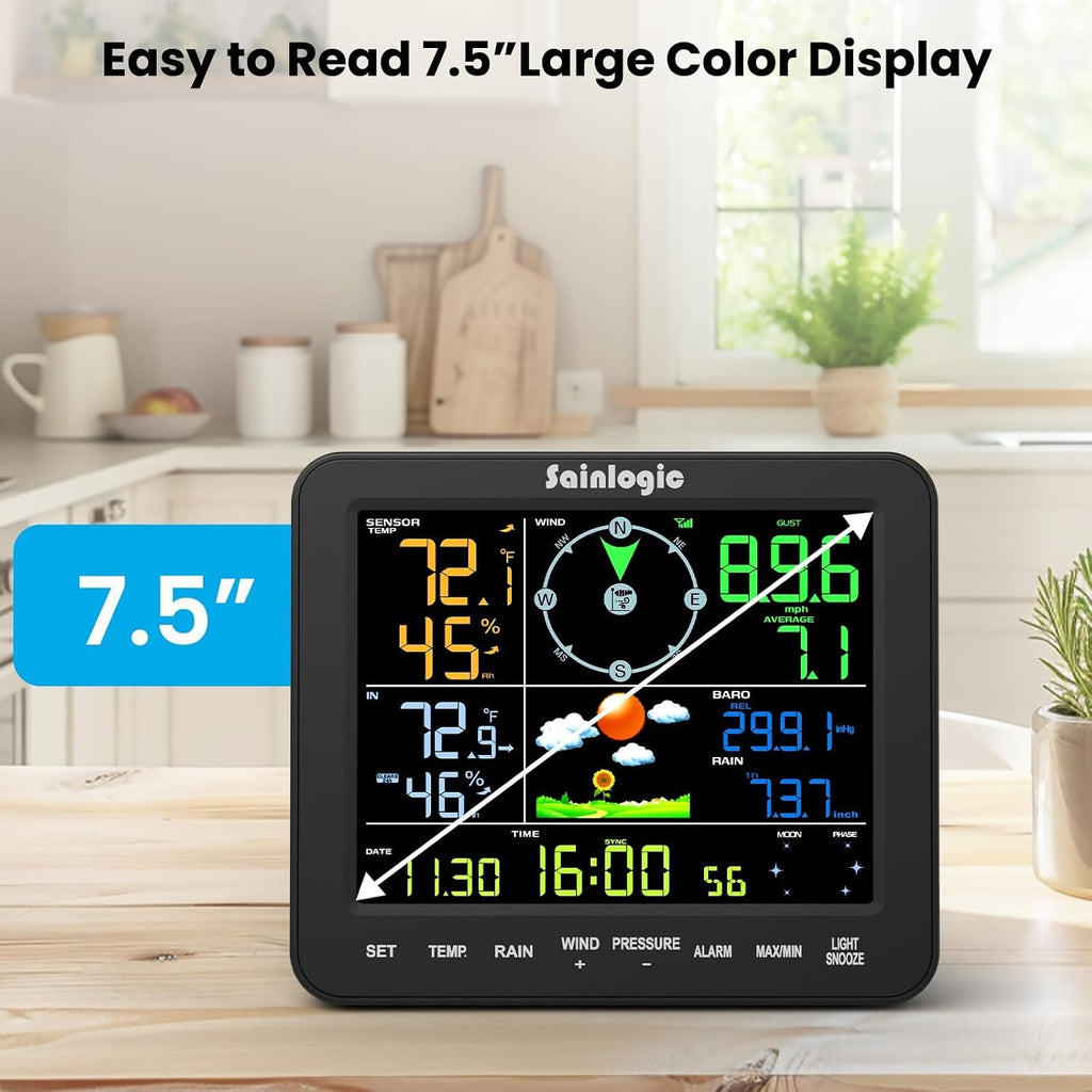 Wireless Home Weather Station with Rain Gauge and Wind Speed, Indoor Outdoor Temperature Humidity, Forecast, Moon