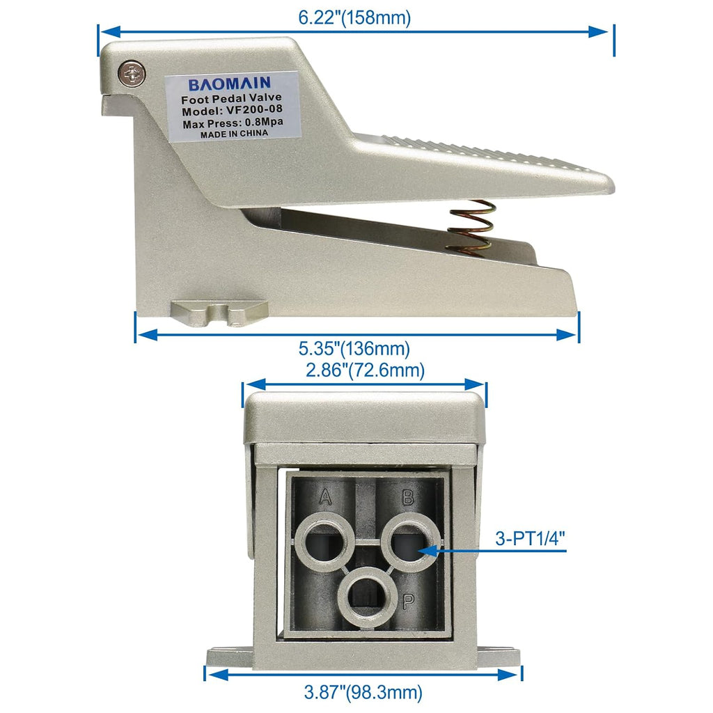 BAOMAIN VF200-08 Pneumatic Foot Pedal Valve, PT 1/4" 2-Position 3-Way
