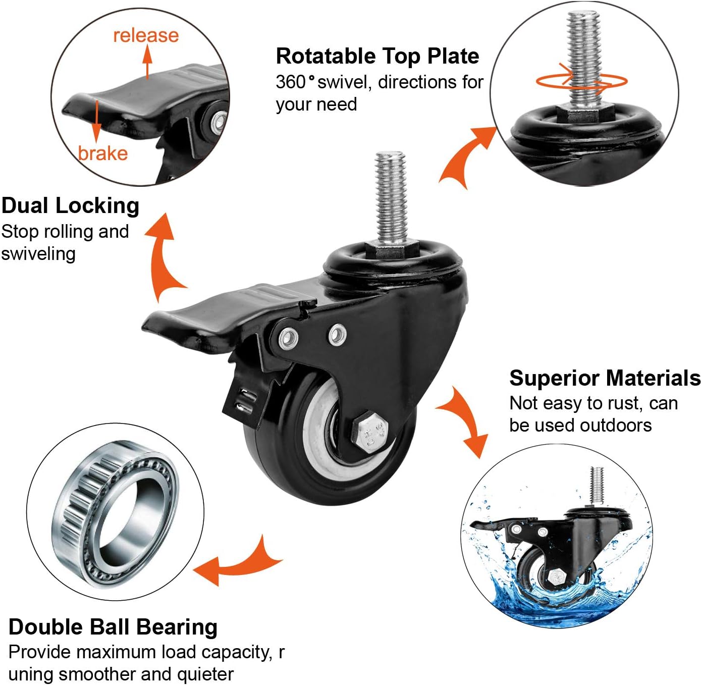 2" Stem Caster Wheels with Safety Dual Locking 600Lbs Heavy Duty Threaded Stem Casters No Noise Swivel Castors with