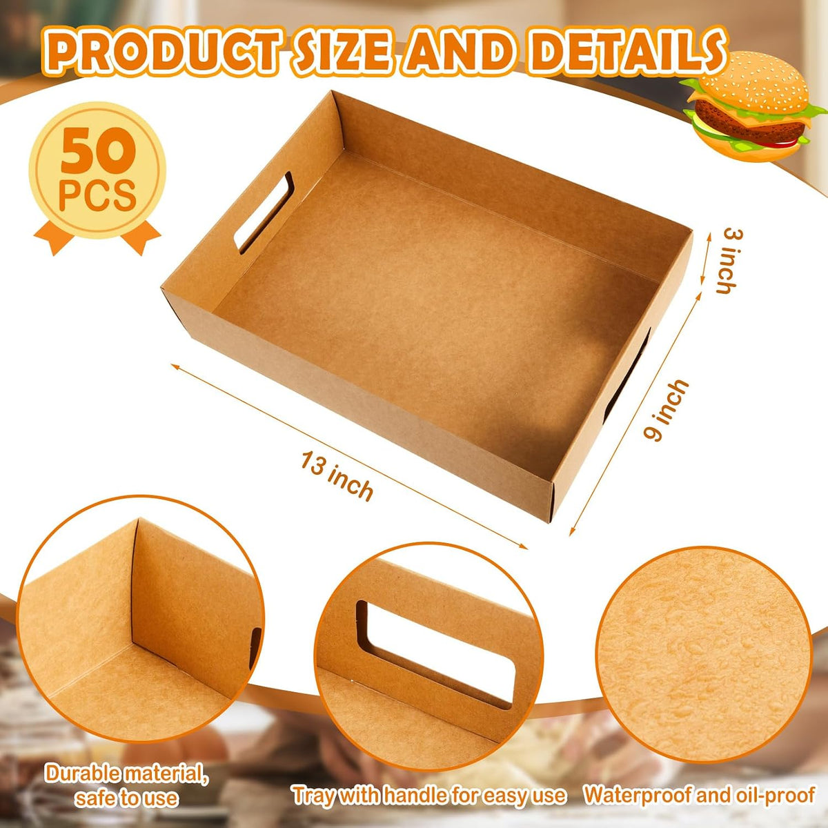 50 Pack Cardboard Disposable Food Trays, Brown, 13" X 9" X 3"