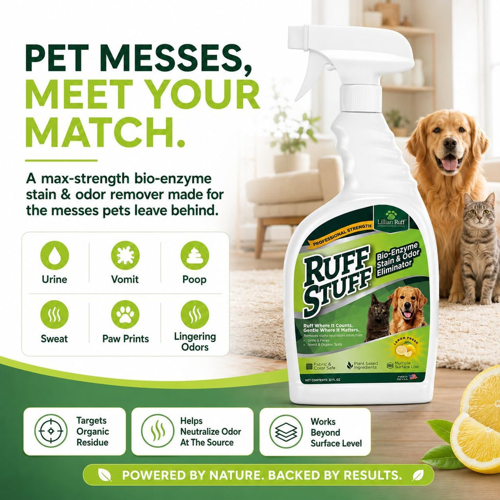 RUFF STUFF Max-Strength Bioenzyme Cleaner, Pet Stain & Odor Eliminator, Laundry Stain Remover Spray for Clothes, Dog