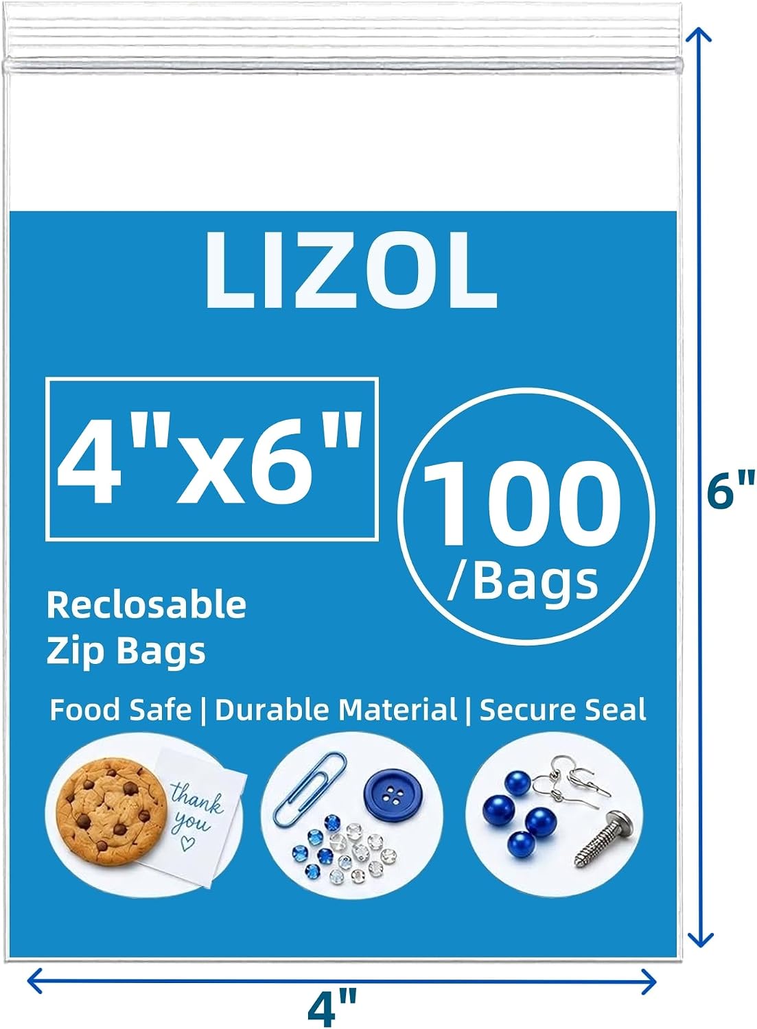 4x6 in (100 Count) 2.5 mil Clear Reclosable Zip Plastic Poly Bags