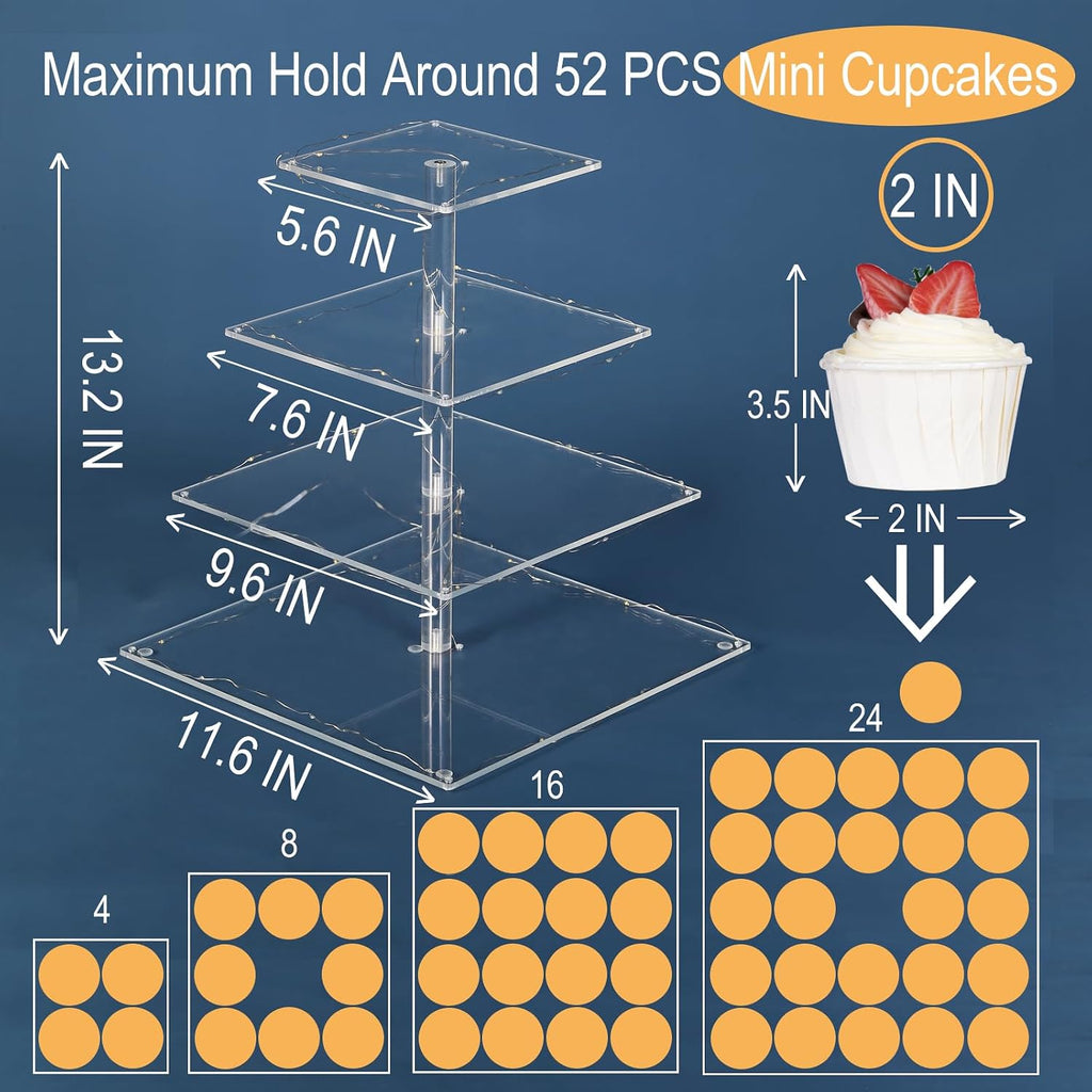 4 Tier Premium Cupcake Stand Cupcake Holder, Acrylic Cupcake Tower with LED Yellow Light for Cupcakes, Dessert Table