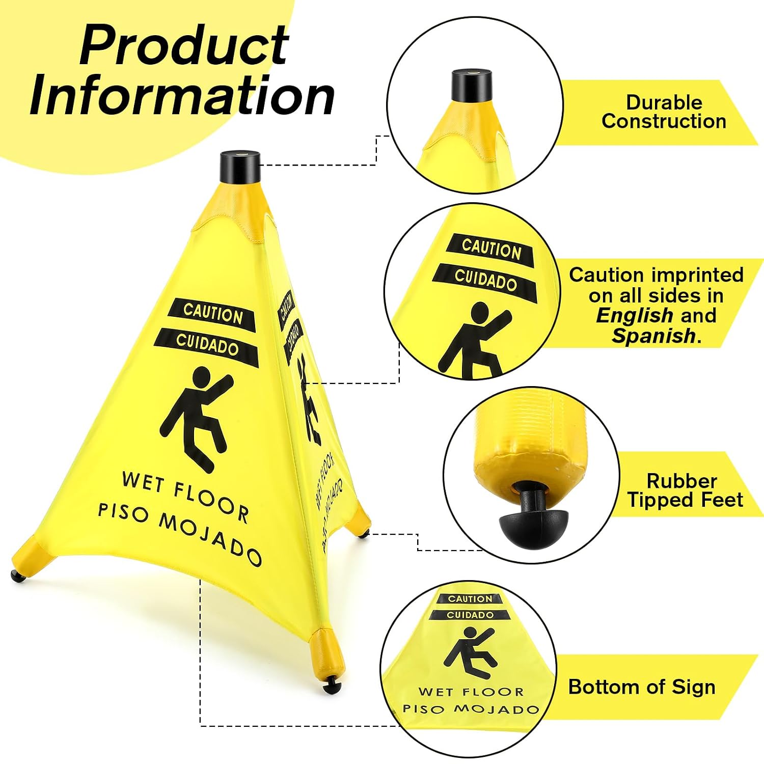 6 Pcs 19.5 Inch Wet Floor Sign Pop-up Safety Cone with Storage Tube Wet Floor Symbol Yellow Warning Sign for Retail