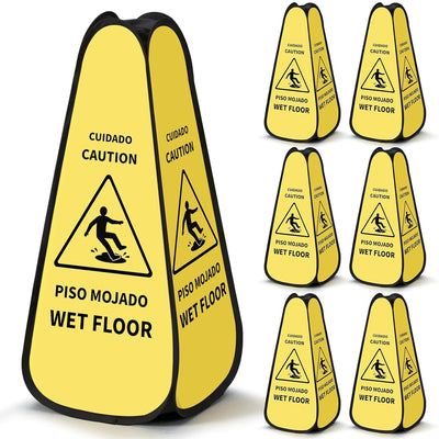 6 Pcs 24 Inches Pop up Wet Floor Sign Yellow 4-sided Foldable Bilingual Caution Wet Floor Sign Safety Warnings