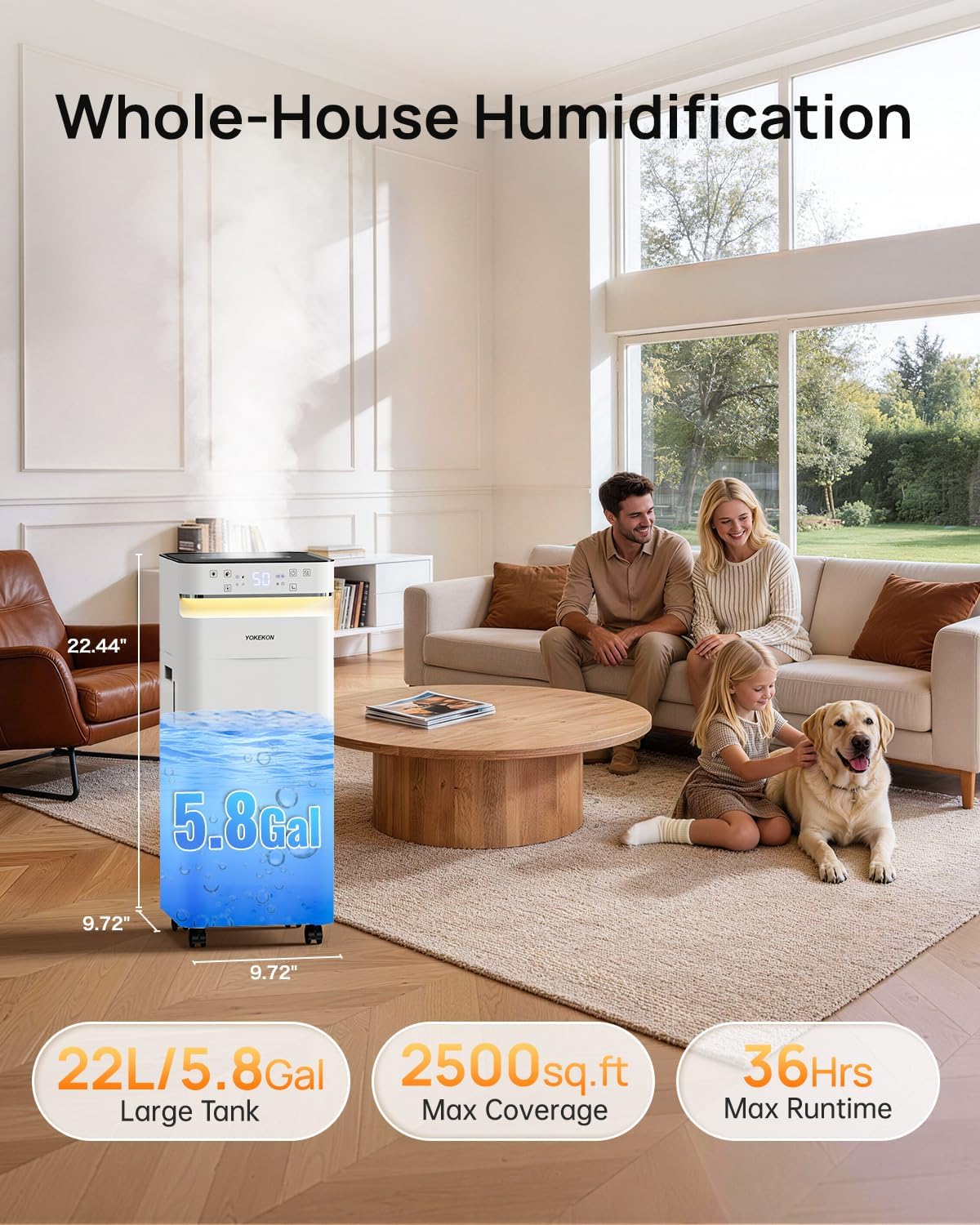 Humidifier Large Room 5.8Gal/22L, 2500 sq.ft. Cool Mist Humidifiers for Home Bedroom with Flame & Night Light, Top