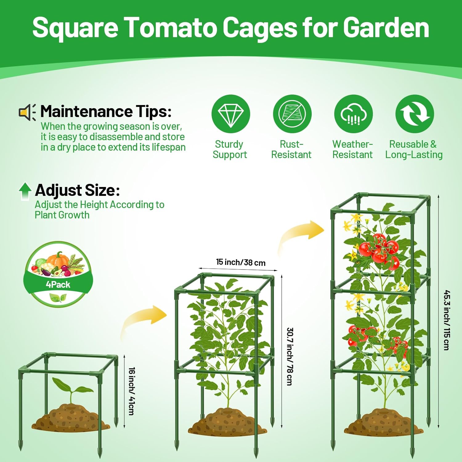 4 Pack Square Tomato Cages- 45 Inch Heavy Duty Tomato Trellis for Climbing Plants Outdoor, Tomato Plant Support