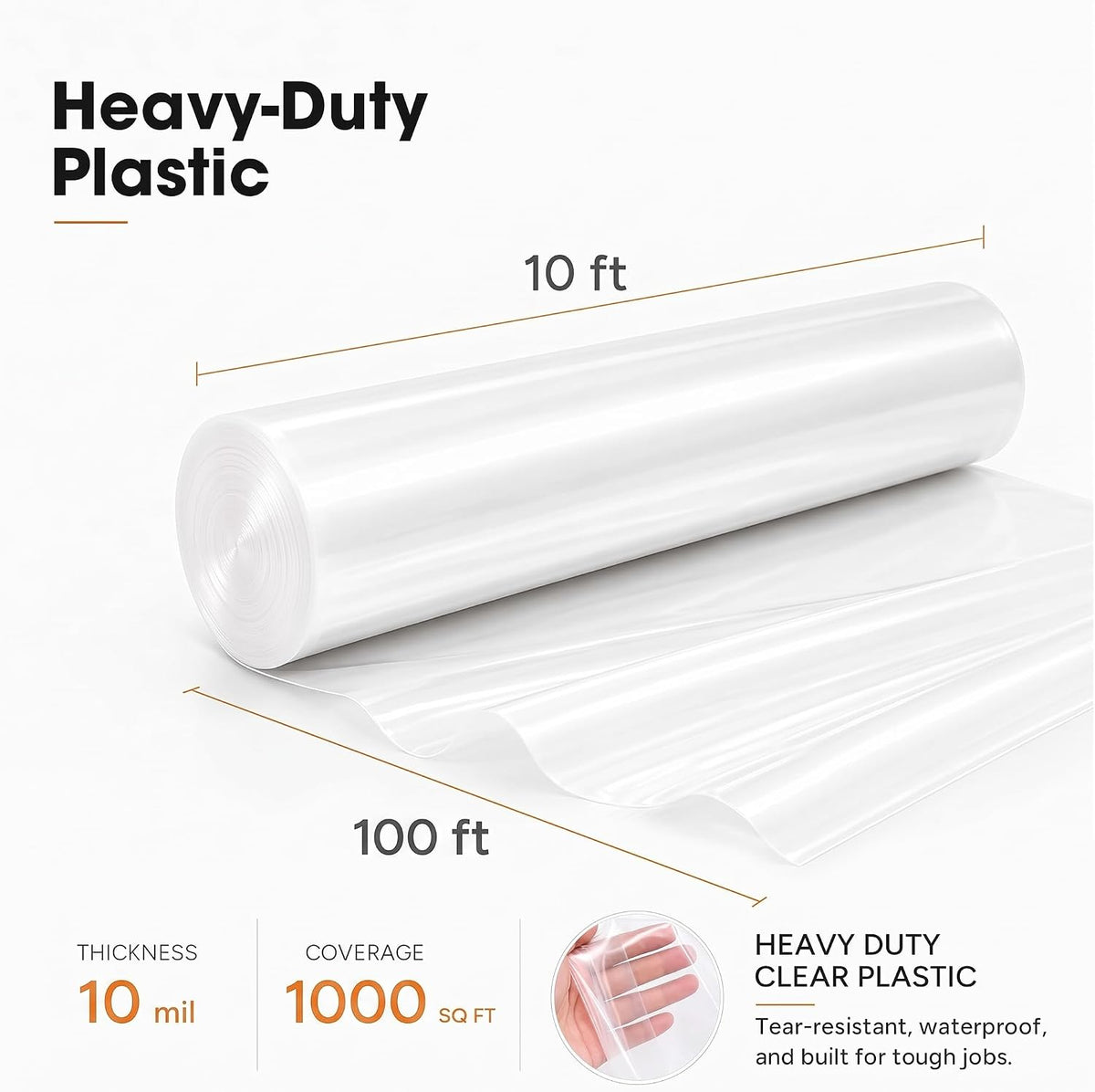 10 Mil 10'x100' Heavy Duty Clear Plastic Sheeting, UV Resistant Tear-Proof for Greenhouse, Construction, Painting
