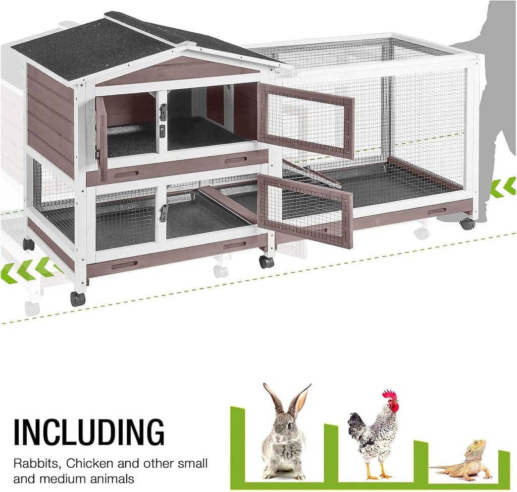 Rabbit Hutch with Chew-Resistant Ramp Indoor Bunny Cage Outdoor Guinea Pig Cage with Wheels and Leakproof Tray