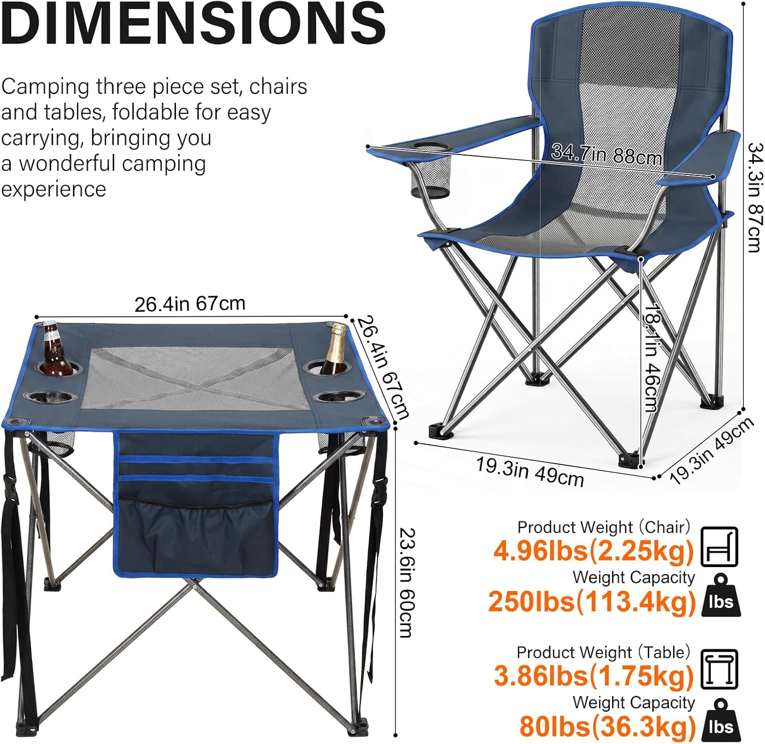 Camping Chair Set of 3,Outdoor Folding Camping Chairs with Cup Holder & Carry Bag for Sports,Hiking,Picnic,Includes