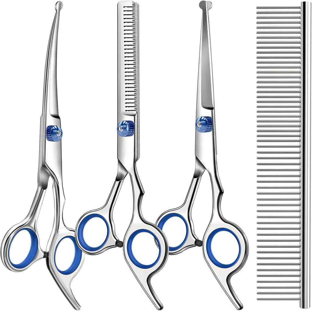 Professional 4 in 1 Dog & Cat Grooming Scissors Kit with Safety Round Tips,Sharp & Durable,Dog Shears for Grooming