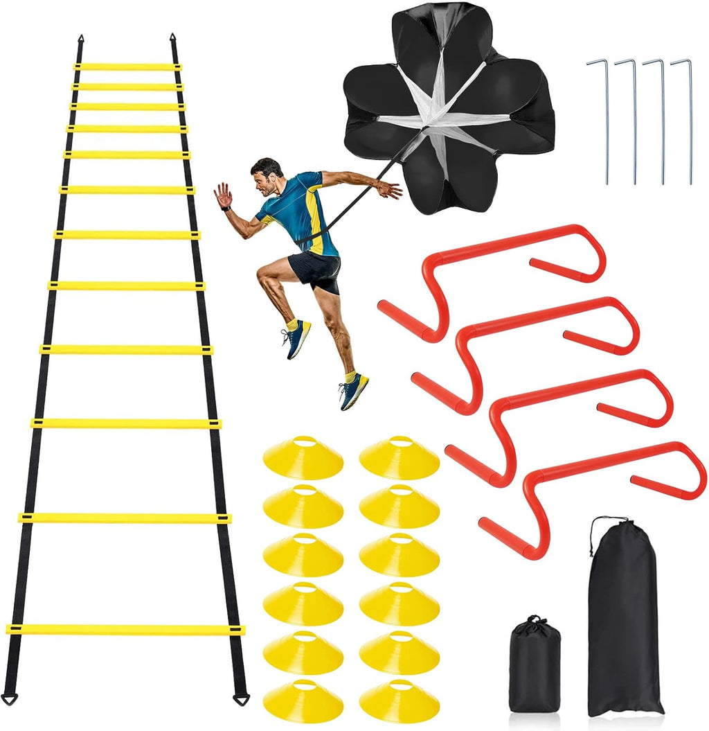 Speed & Agility Ladder Training Equipment Set, Includes 12 Rung 20ft Agility Ladder, 4 Agility Hurdles,12 Disc Cones