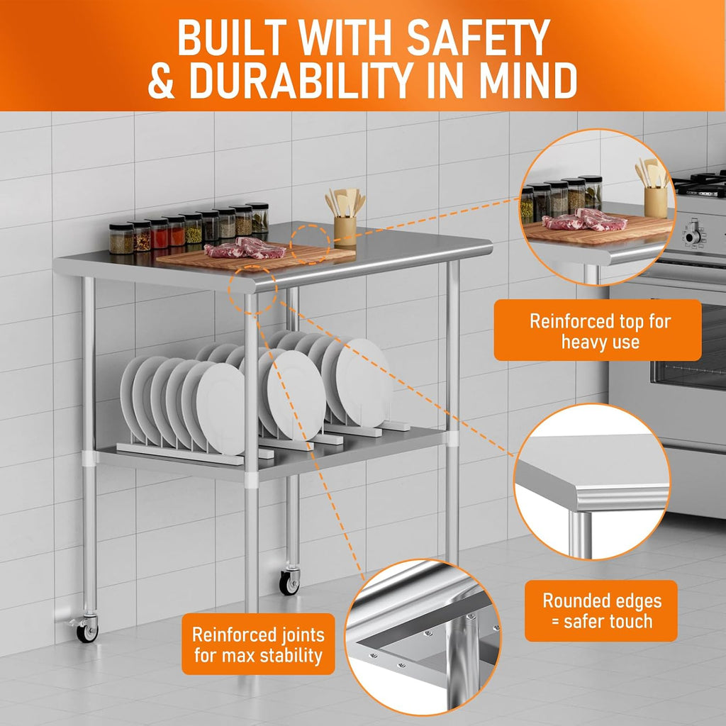 Stainless Steel Prep Table 30 x 36 with Wheel Casters