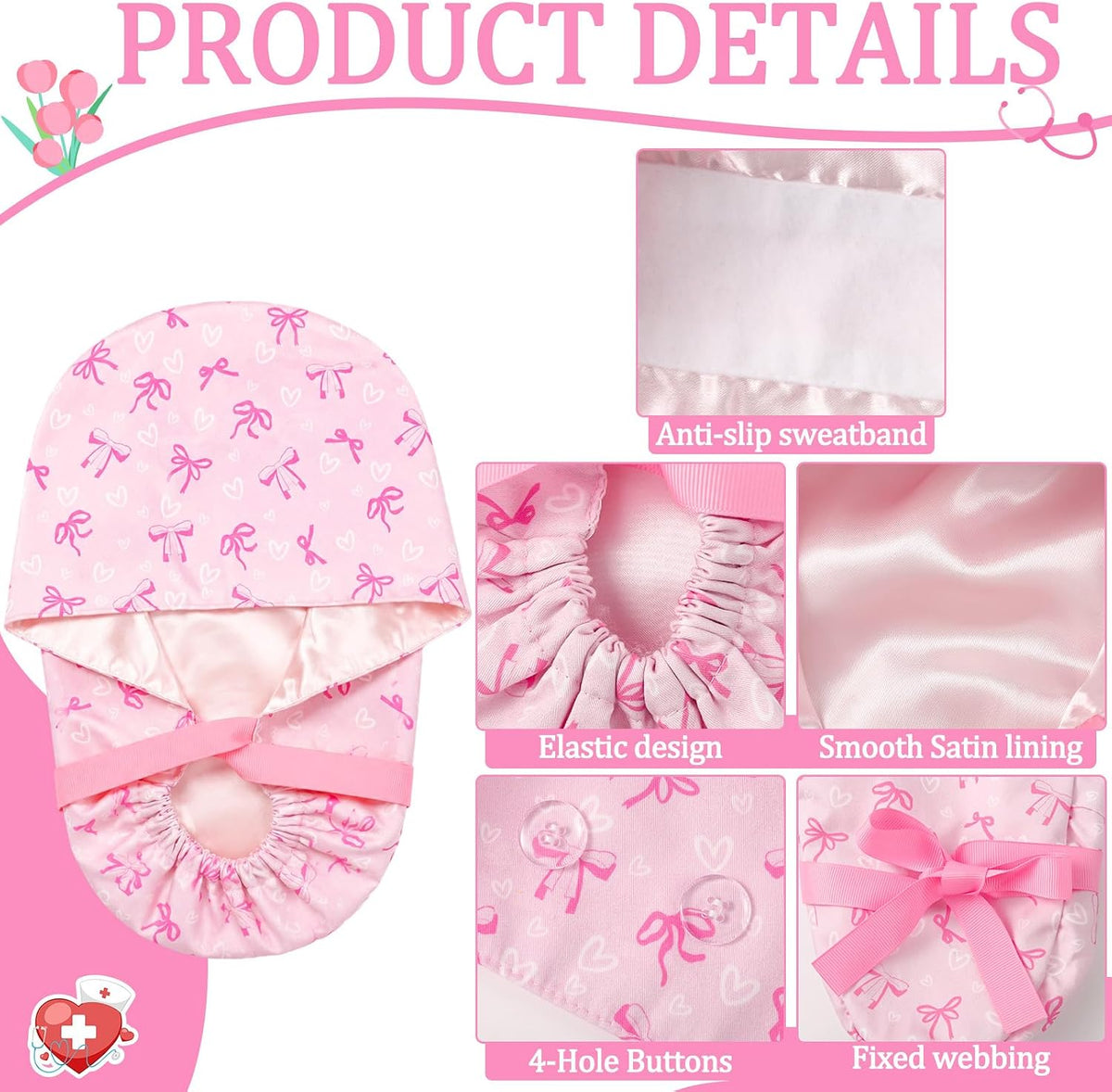 2 Pcs Scrub Cap for Women Nurse Hat with Badge Reel