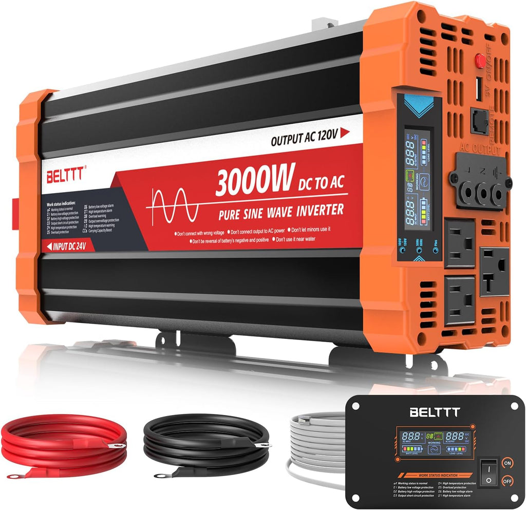 3000W 24V Inverter Pure Sine Wave Inverter 24V DC to 110V/120V AC | LCD Display, Dual AC, 20A Outlets, Hardwire Port