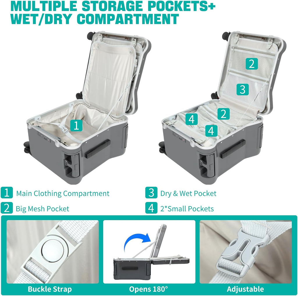 20" Ride-On Suitcase with Seat, Double Handle Carry On Luggage with Mesh Pocket & Side Hooks, Hard Shell Spinner