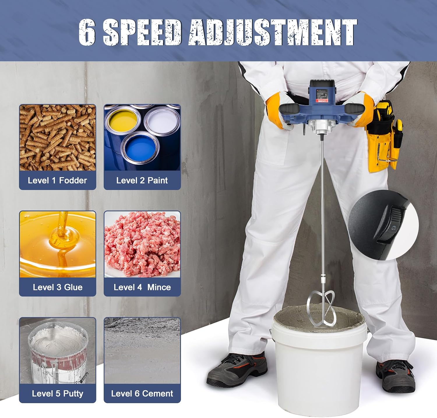 Handheld Cement Mixer, Portable Concrete Mixer,110V 6 Speed Mixing Drill, 2100W Drill Mixer for mud,Motar,Paint