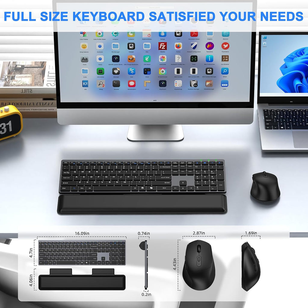 Wireless Keyboard and Mouse Combo, Full Size Silent Ultra Thin Keyboard with Magnetic Wrist Rest, Optical Mouse, 2.4G