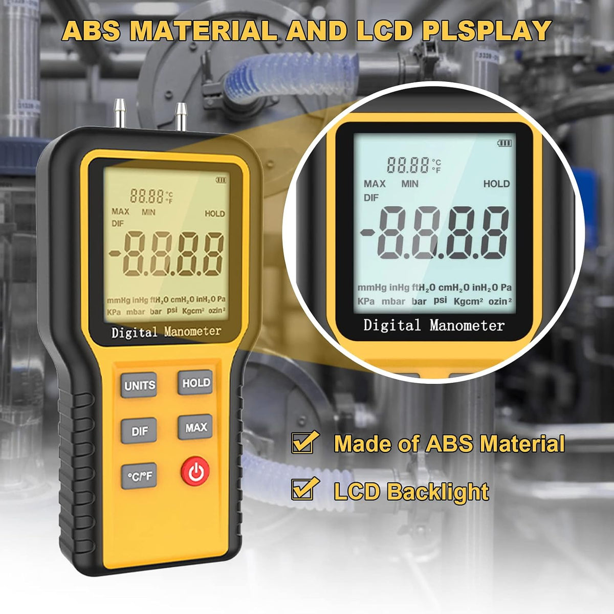 Manometer HVAC Gas Pressure Tester, Dual-Port Digital Monometer