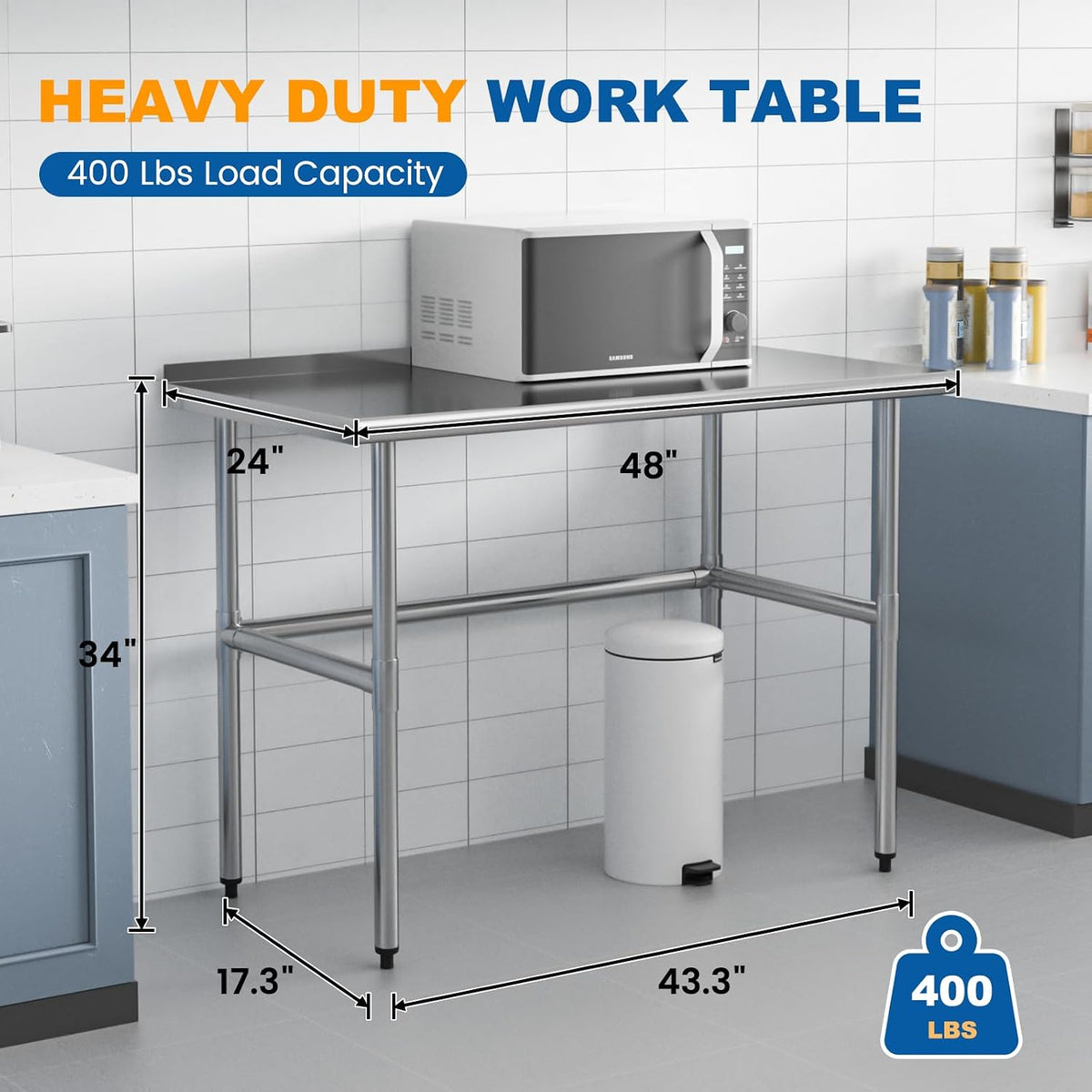 Open Base Stainless Steel Work Table with Backsplash, 24x48 Inch