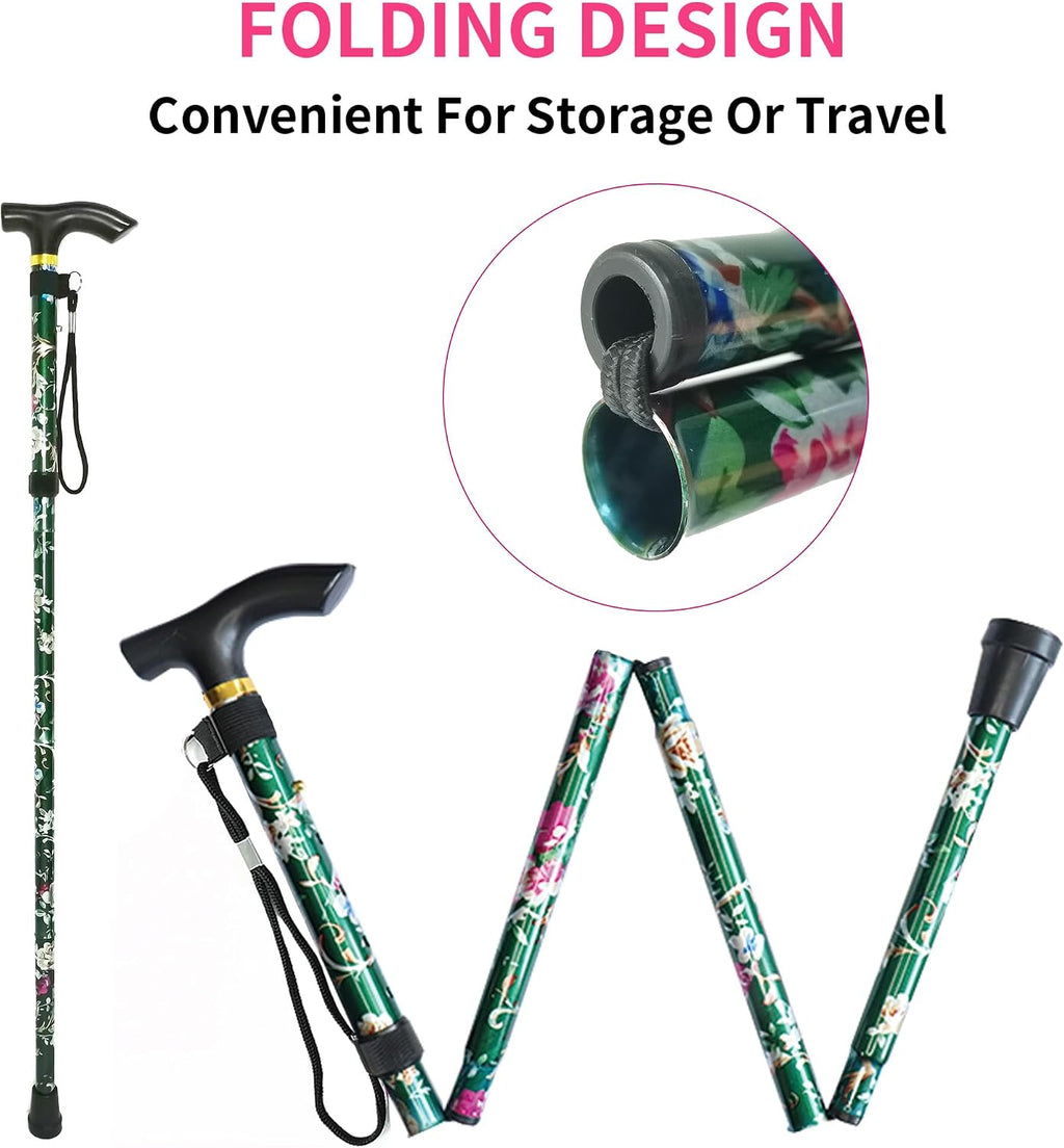 Folding Cane, 5-Level Adjustable Height Lightweight Portable Foldable Walking Canes with Wrist Strap and T Handle for