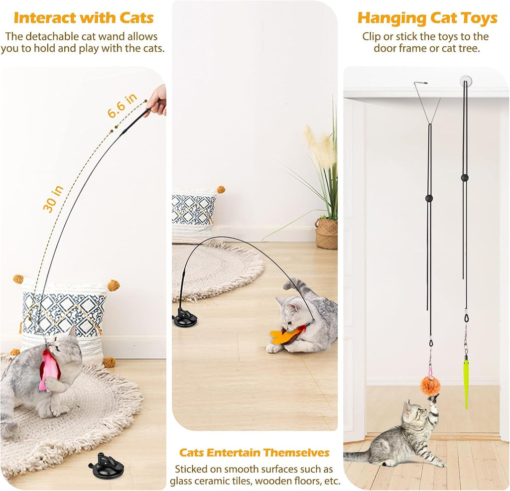 Cat Toys, 2 Pack 3 in 1 Interactive Cat Toy for Indoor Cats with Sticky Super Suction Cup Detachable 10 Pcs