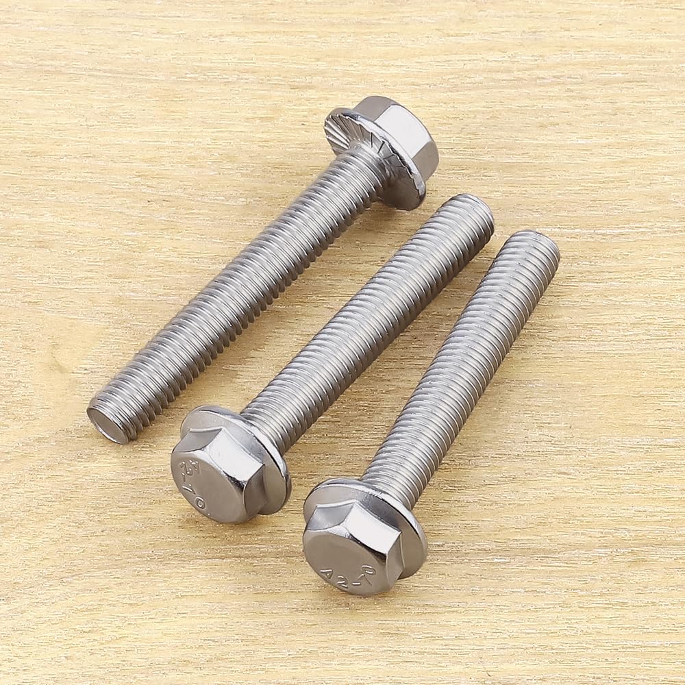 M6-1.0 x 55mm Hex Flange Bolt (2.17" Thread Length), DIN6921, Serrated Locking Flange, 304 Stainless Steel, UNC Full Thread, 20-Pack