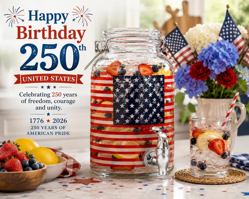 Drink Dispenser, Glass Beverage Dispenser Set (USA Flag-1 Gallon)