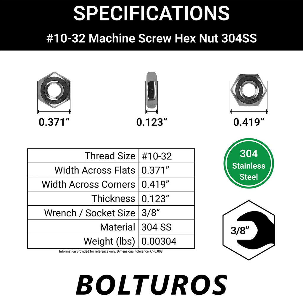 #10-32 Machine Screw Hex Nuts 304 Stainless Steel - Pack of 25