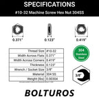#10-32 Machine Screw Hex Nuts 304 Stainless Steel - Pack of 25