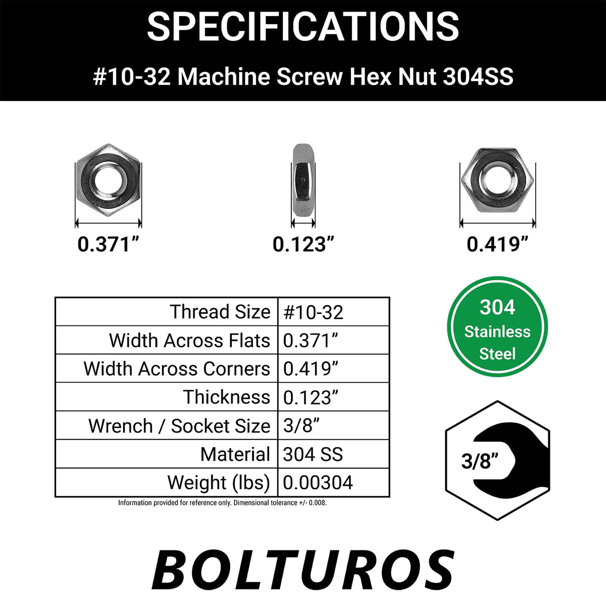 #10-32 Machine Screw Hex Nuts 304 Stainless Steel - Pack of 25