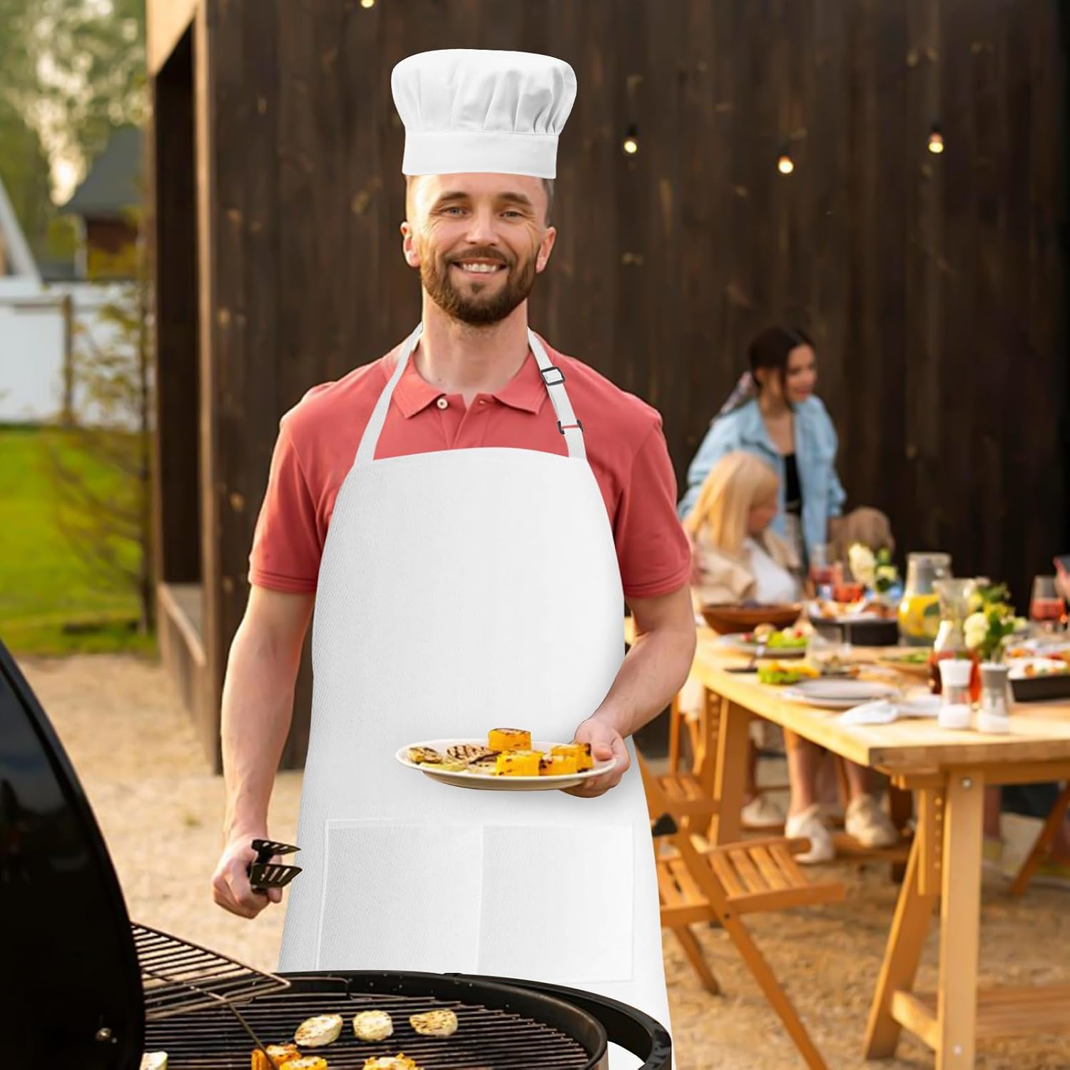 Chef Apron and Hat Set, Chef Hat and Kitchen Apron with Front Pockets for Adult