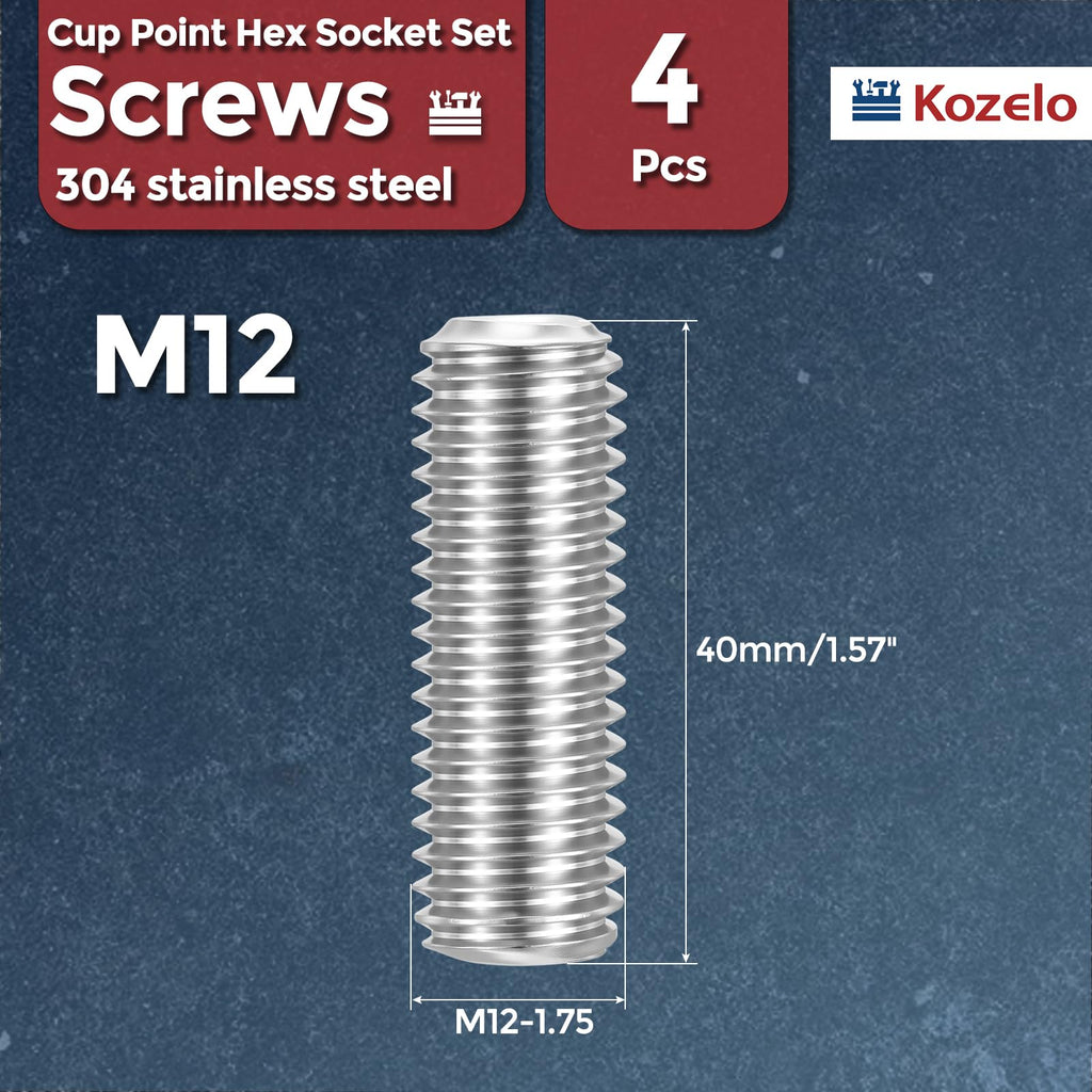 Kozelo 4pcs Cup Point Hex Socket Set Screws-M12-1.75x40mm 304 SS