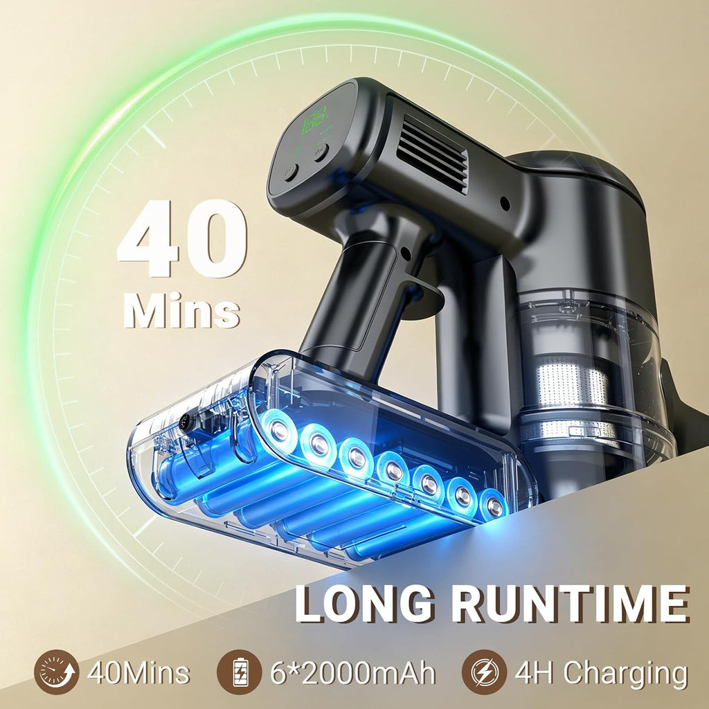 Cordless Vacuum Cleaner,40 Mins Runtime Lightweight Stick Vacuum Cordless,Self-Standing,Powerful Suction, Anti-Tangle
