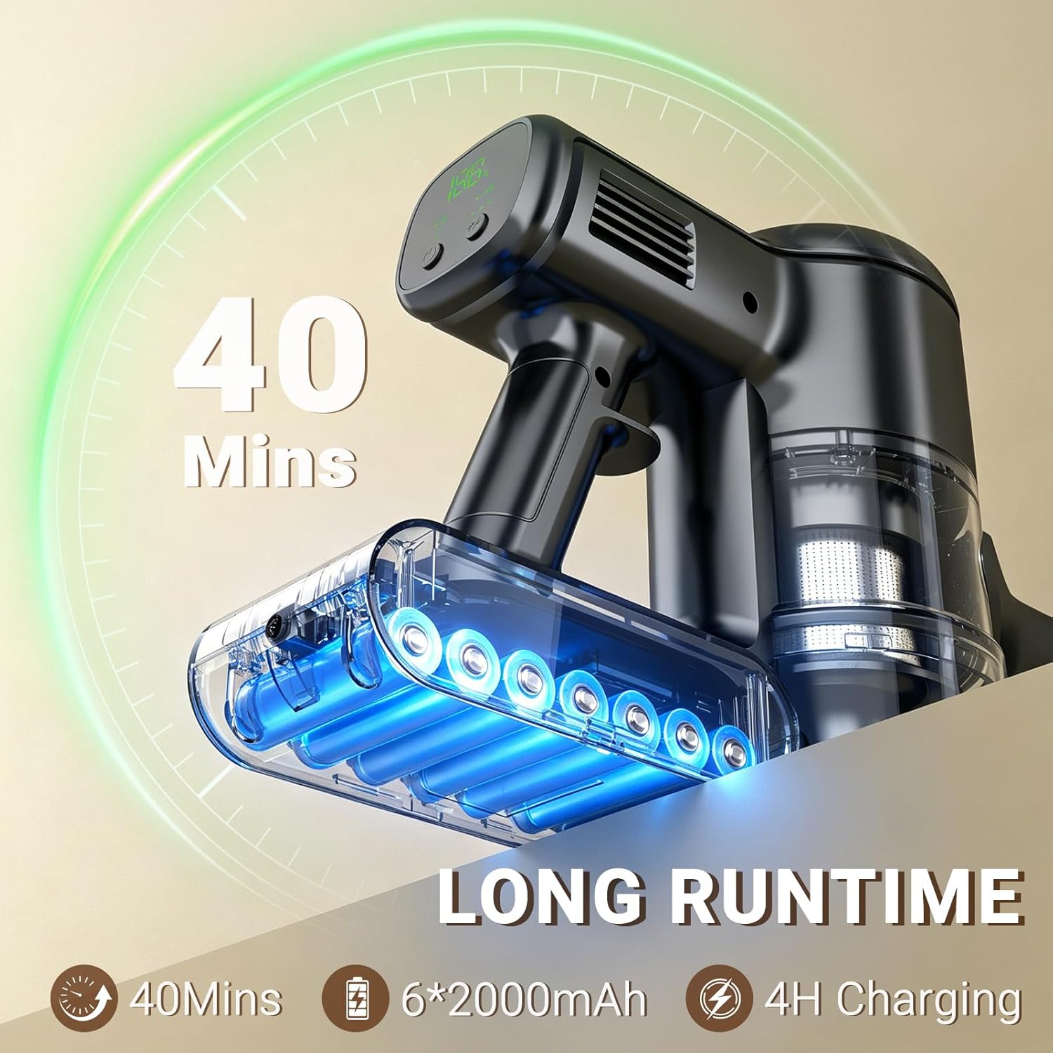 Cordless Vacuum Cleaner,40 Mins Runtime Lightweight Stick Vacuum Cordless,Self-Standing,Powerful Suction, Anti-Tangle