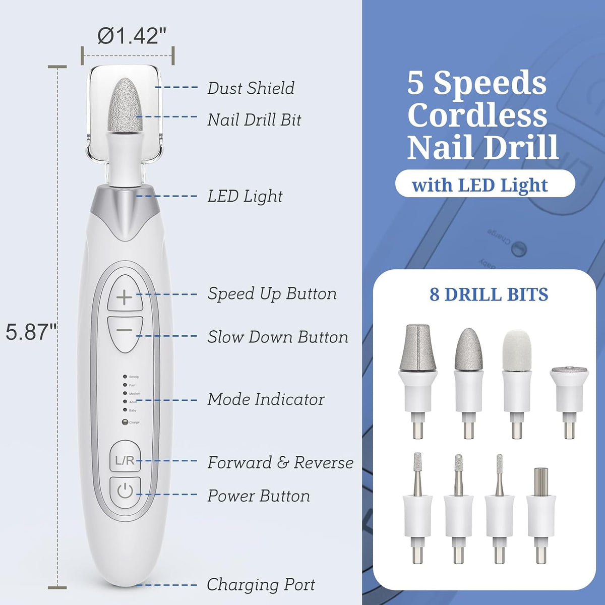 Electric Nail File, Manicure and Pedicure Kit 5 Speeds & LED Light