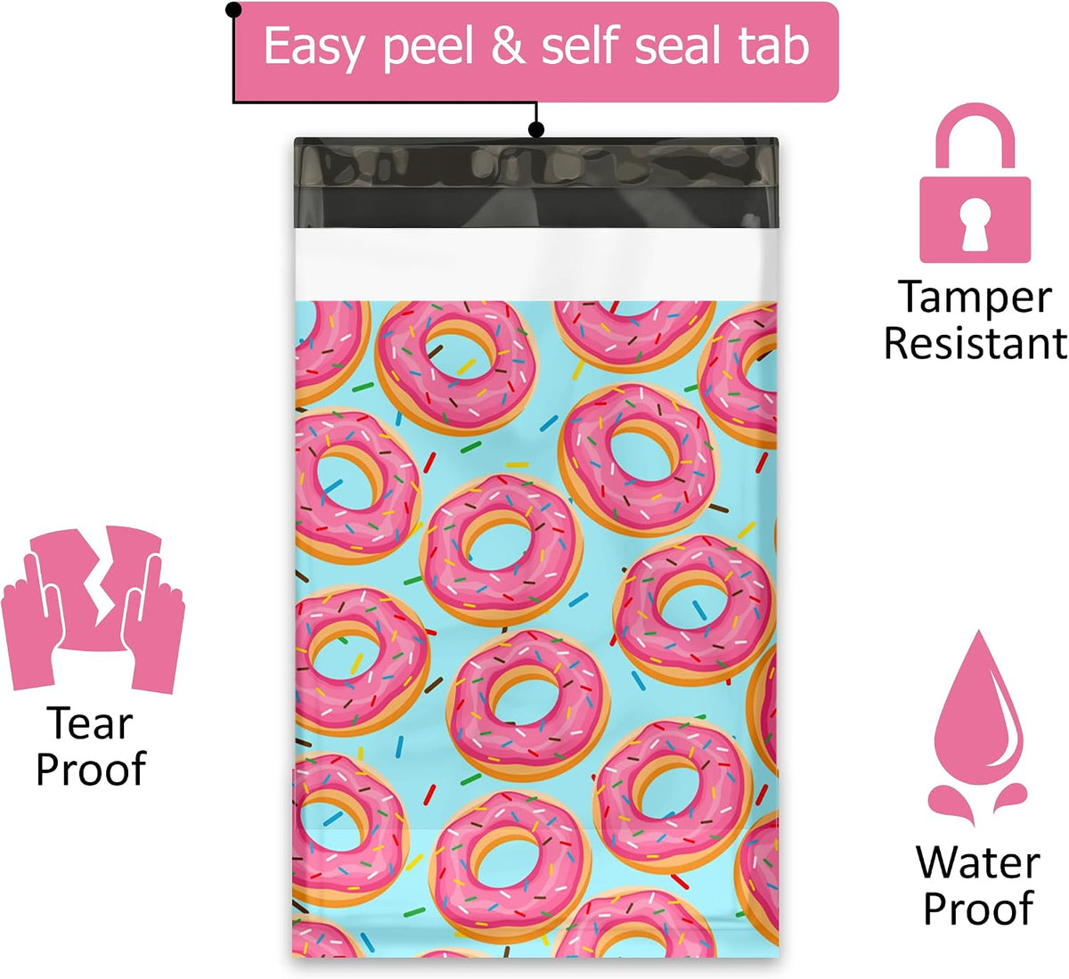 6x9 (100) Sprinkled Donuts Designer Poly Mailers Shipping Envelopes Premium Printed Bags