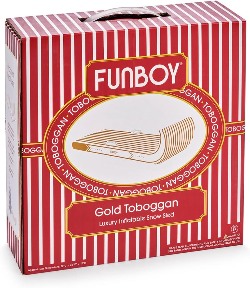 Gold & White Stripe Toboggan Inflatable Snow Sled | Luxury, Retro Holiday Stripe Design, Heavy-Duty, Perfect for Snow
